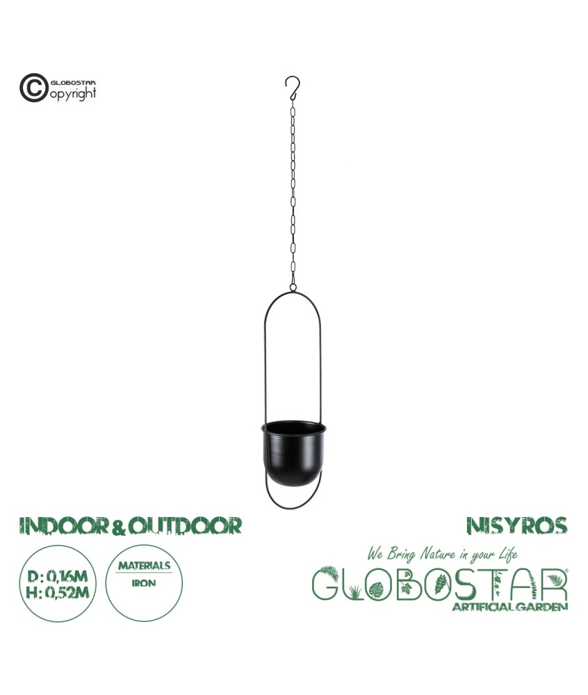 GloboStar® Artificial Garden NISYROS 20487 Κρεμαστό Μεταλλικό Κασπώ Γλάστρα - Flower Pot Μαύρο Φ16cm x Υ52cm